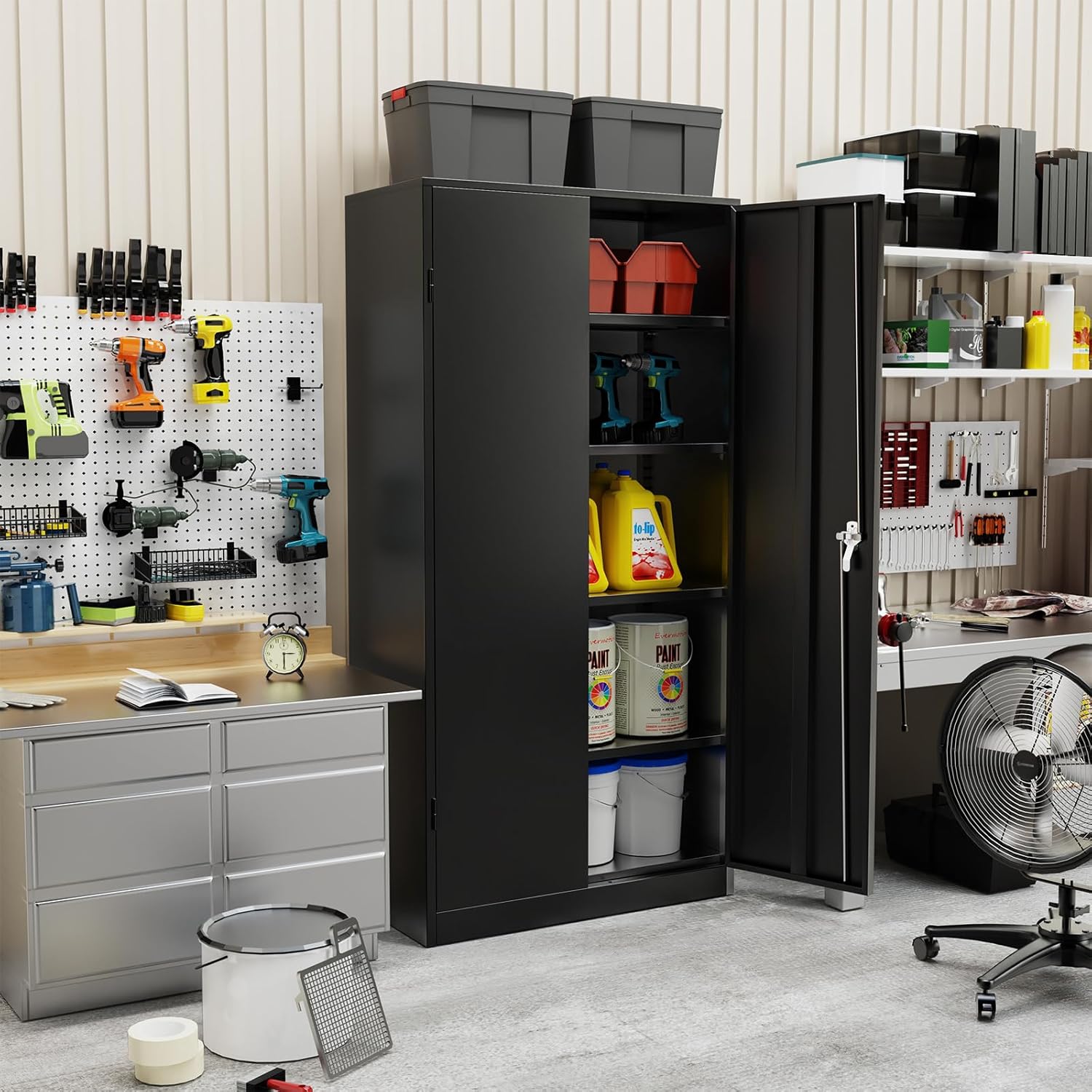 Metal Storage Cabinet Tool Organizer, 72"" Lockable Garage Storage Tool Cabinets With 2 Doors And 4 Adjustable