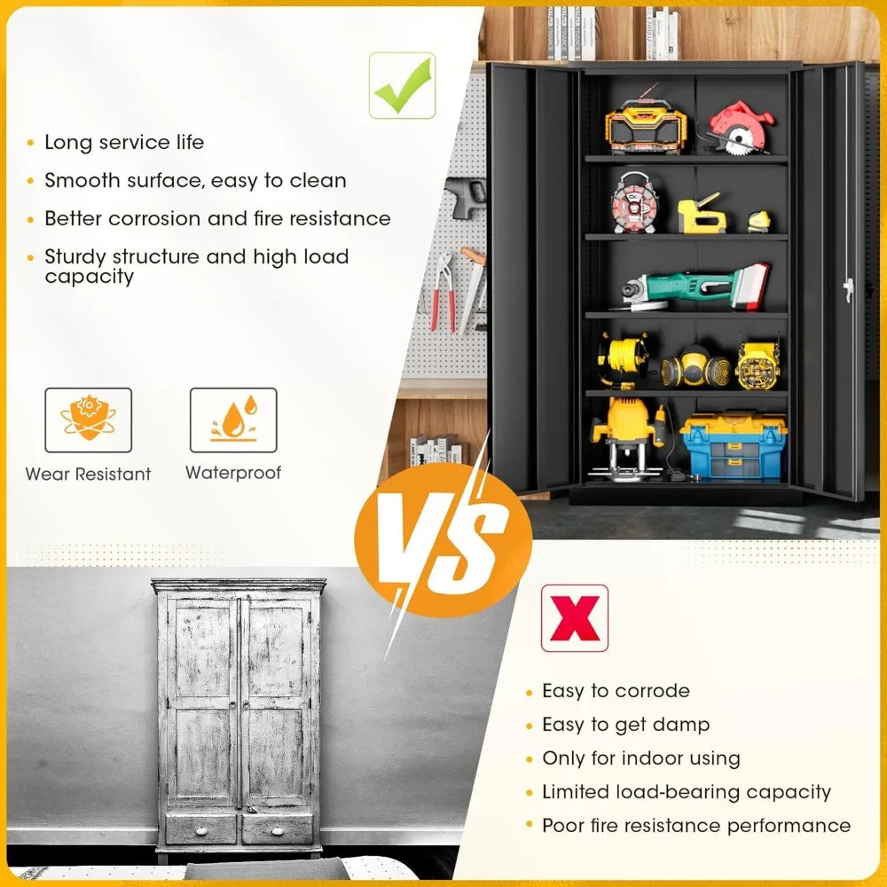 72" H Metal Garage Storage Cabinet with 2 Doors and 4 Adjustable Shelves, Black Metal Cabinet with Lock, Steel Tool Cabinet