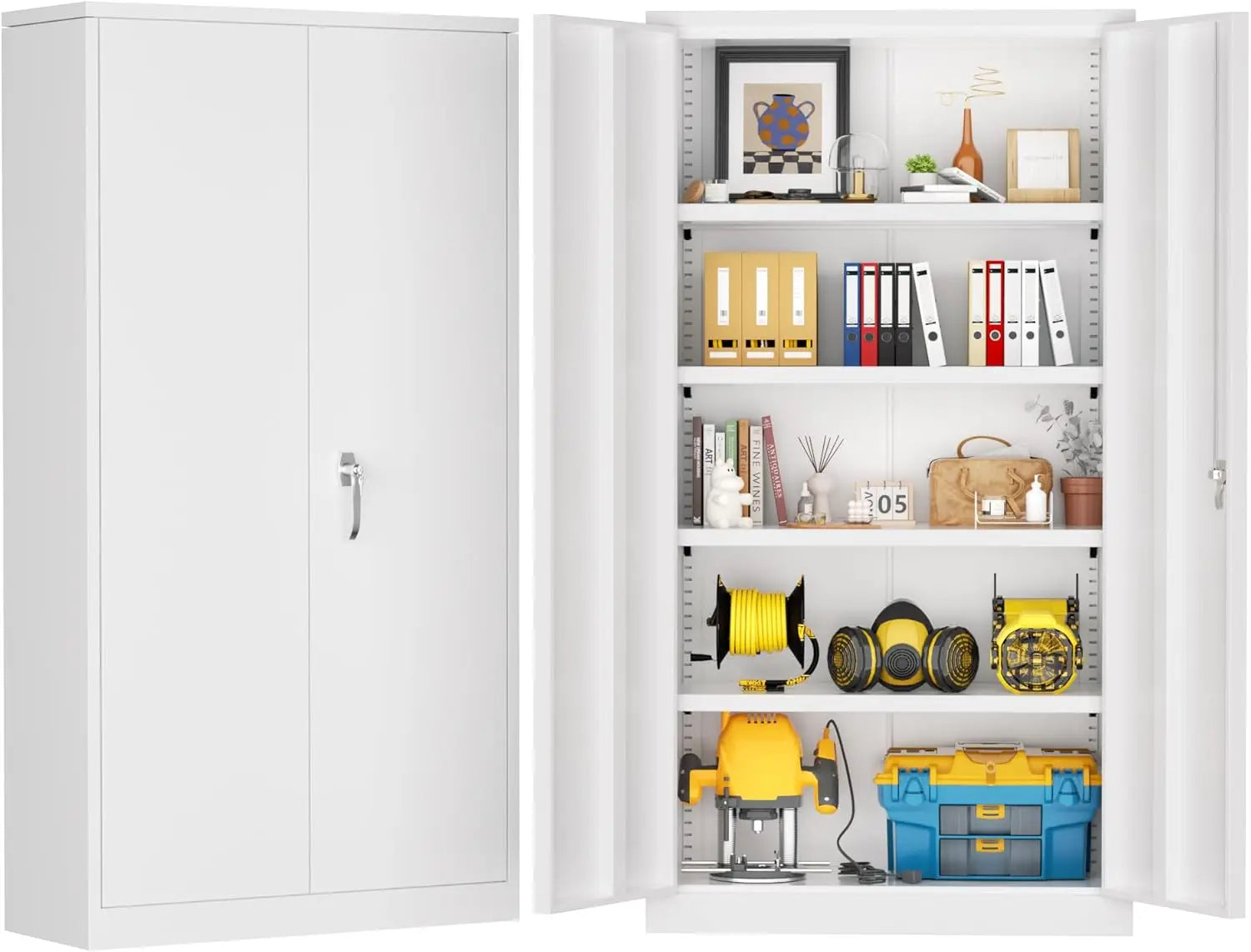 72" H Metal Garage Storage Cabinet with 2 Doors and 4 Adjustable Shelves, Black Metal Cabinet with Lock, Steel Tool Cabinet