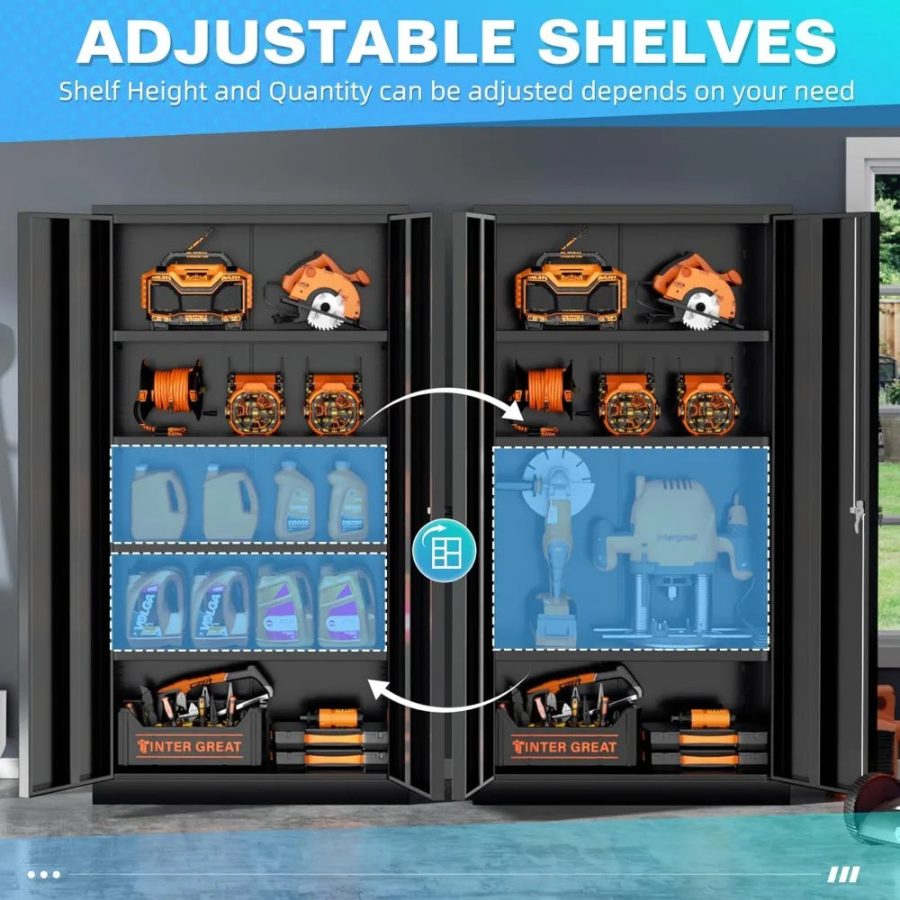 Metal Tool Garage with 2 Door and 4 Shelves, Locking for Storage, Cabinets