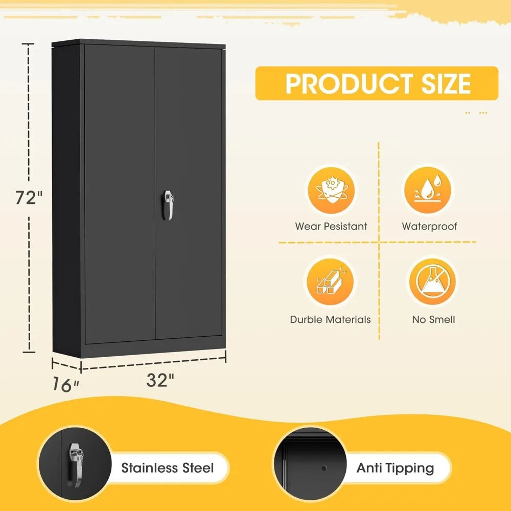 72" H Metal Garage Storage Cabinet with 2 Doors and 4 Adjustable Shelves, Black Metal Cabinet with Lock, Steel Tool Cabinet