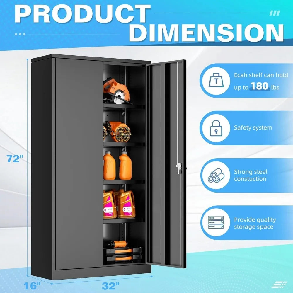 Metal Tool Garage with 2 Door and 4 Shelves, Locking for Storage, Cabinets