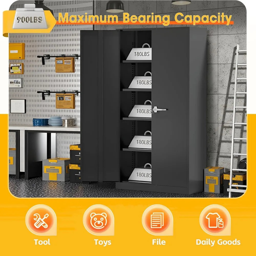 72" H Metal Garage Storage Cabinet with 2 Doors and 4 Adjustable Shelves, Black Metal Cabinet with Lock, Steel Tool Cabinet