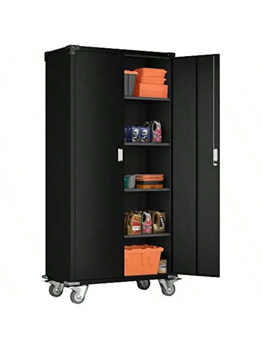 72 Inch Tall 2 Door Rolling Locking Metal Storage Cabinet Organizer with 4 Adjustable Shelves and 2 Keys for Gara