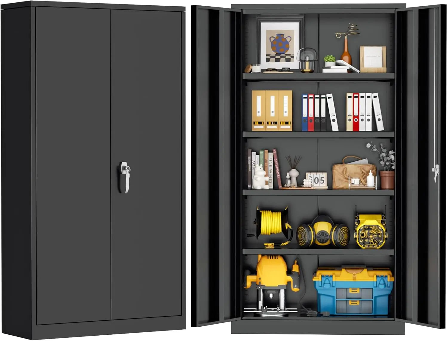 72" H Metal Garage Storage Cabinet with 2 Doors and 4 Adjustable Shelves, Black Metal Cabinet with Lock, Steel Tool Cabinet