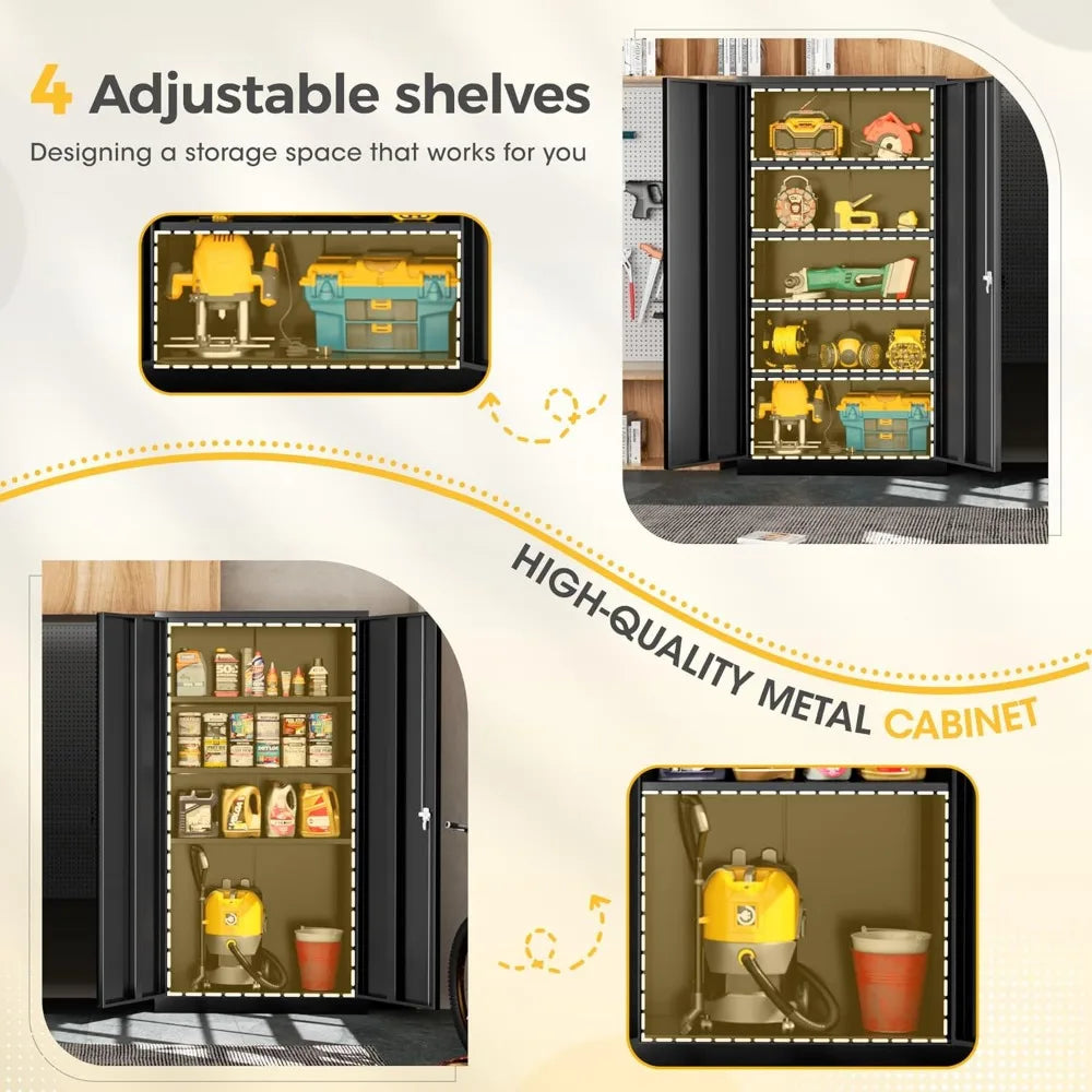 72" H Metal Garage Storage Cabinet with 2 Doors and 4 Adjustable Shelves, Black Metal Cabinet with Lock, Steel Tool Cabinet