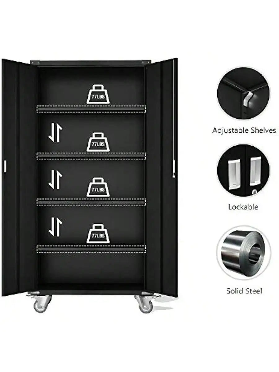 72 Inch Tall 2 Door Rolling Locking Metal Storage Cabinet Organizer with 4 Adjustable Shelves and 2 Keys for Gara