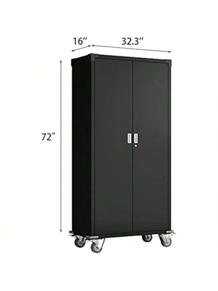 72 Inch Tall 2 Door Rolling Locking Metal Storage Cabinet Organizer with 4 Adjustable Shelves and 2 Keys for Gara