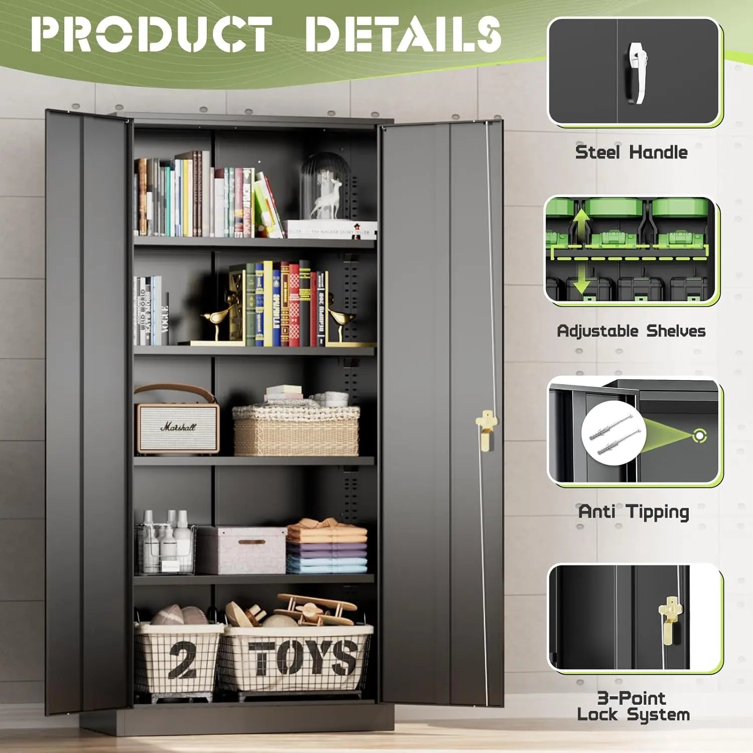 Metal Storage Cabinet Tool Organizer, 72"" Lockable Garage Storage Tool Cabinets With 2 Doors And 4 Adjustable