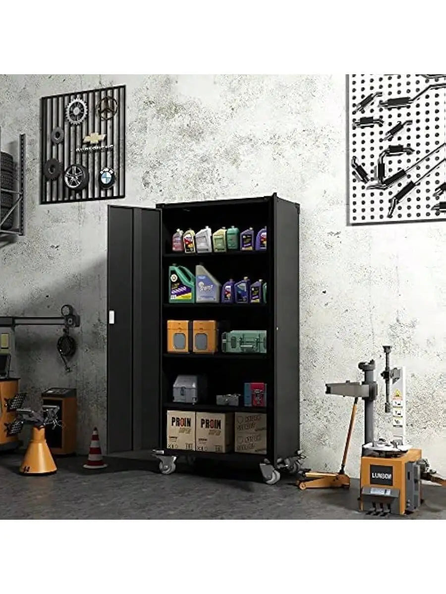 72 Inch Tall 2 Door Rolling Locking Metal Storage Cabinet Organizer with 4 Adjustable Shelves and 2 Keys for Gara
