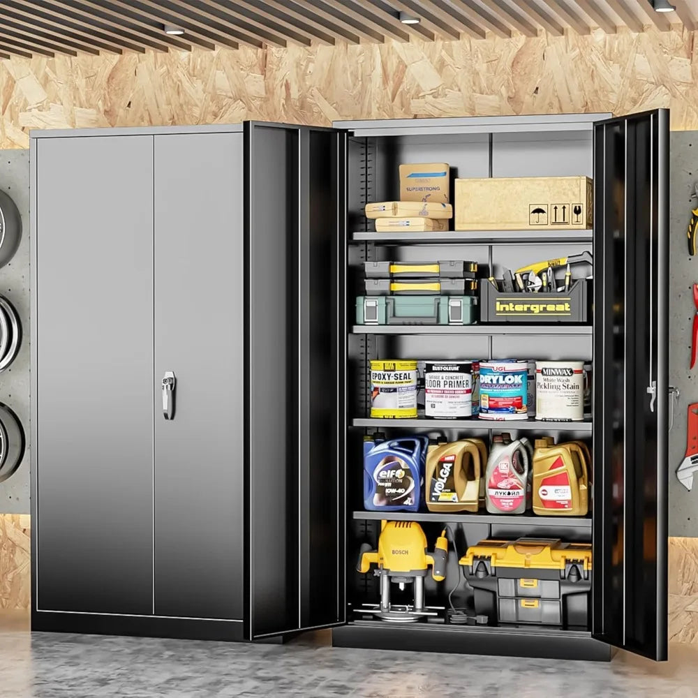 Metal Tool Garage with 2 Door and 4 Shelves, Locking for Storage, Cabinets