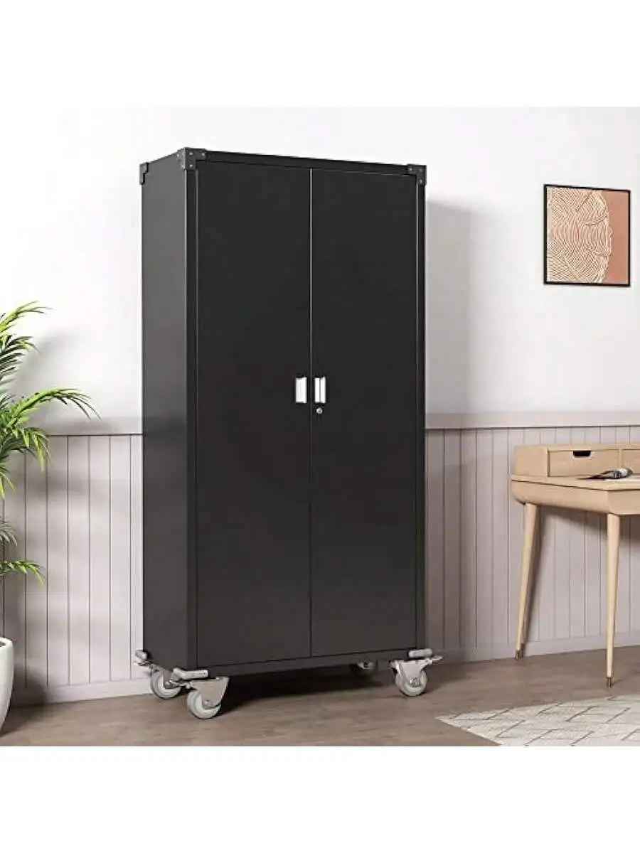 72 Inch Tall 2 Door Rolling Locking Metal Storage Cabinet Organizer with 4 Adjustable Shelves and 2 Keys for Gara