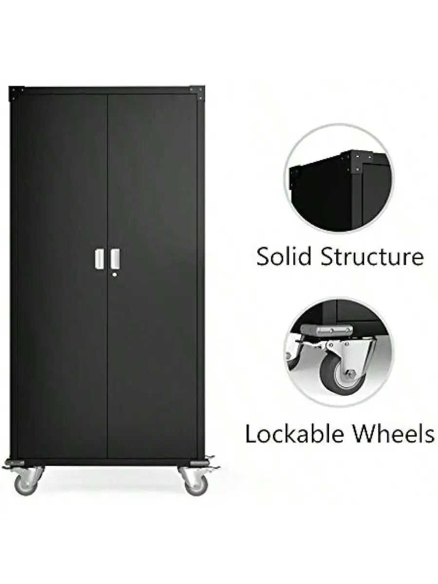72 Inch Tall 2 Door Rolling Locking Metal Storage Cabinet Organizer with 4 Adjustable Shelves and 2 Keys for Gara